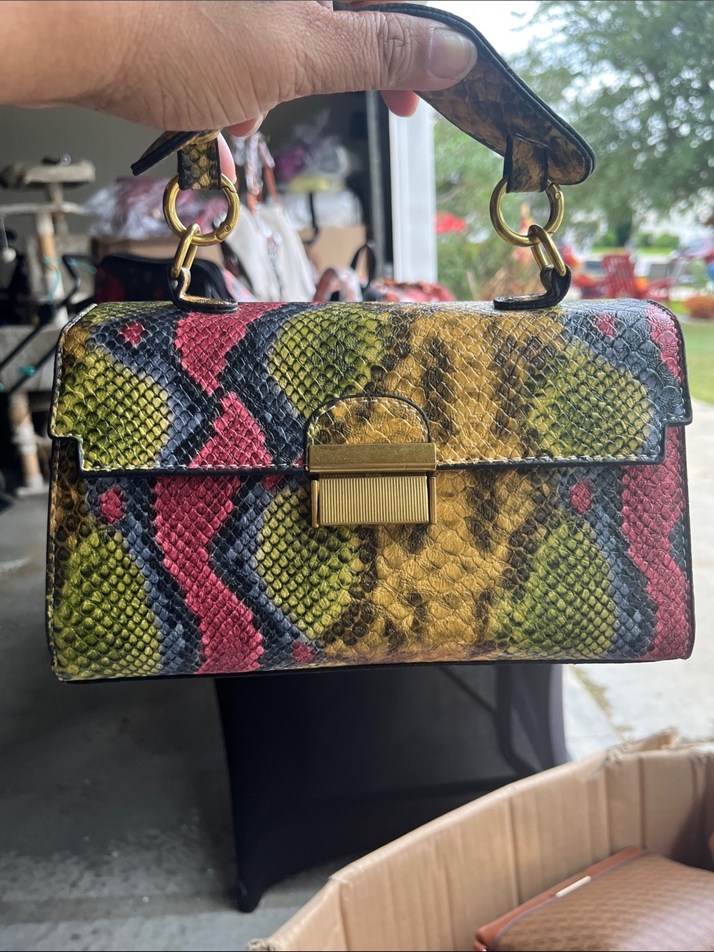 Top-Handle Multicolor Snake-Print Mini Bag